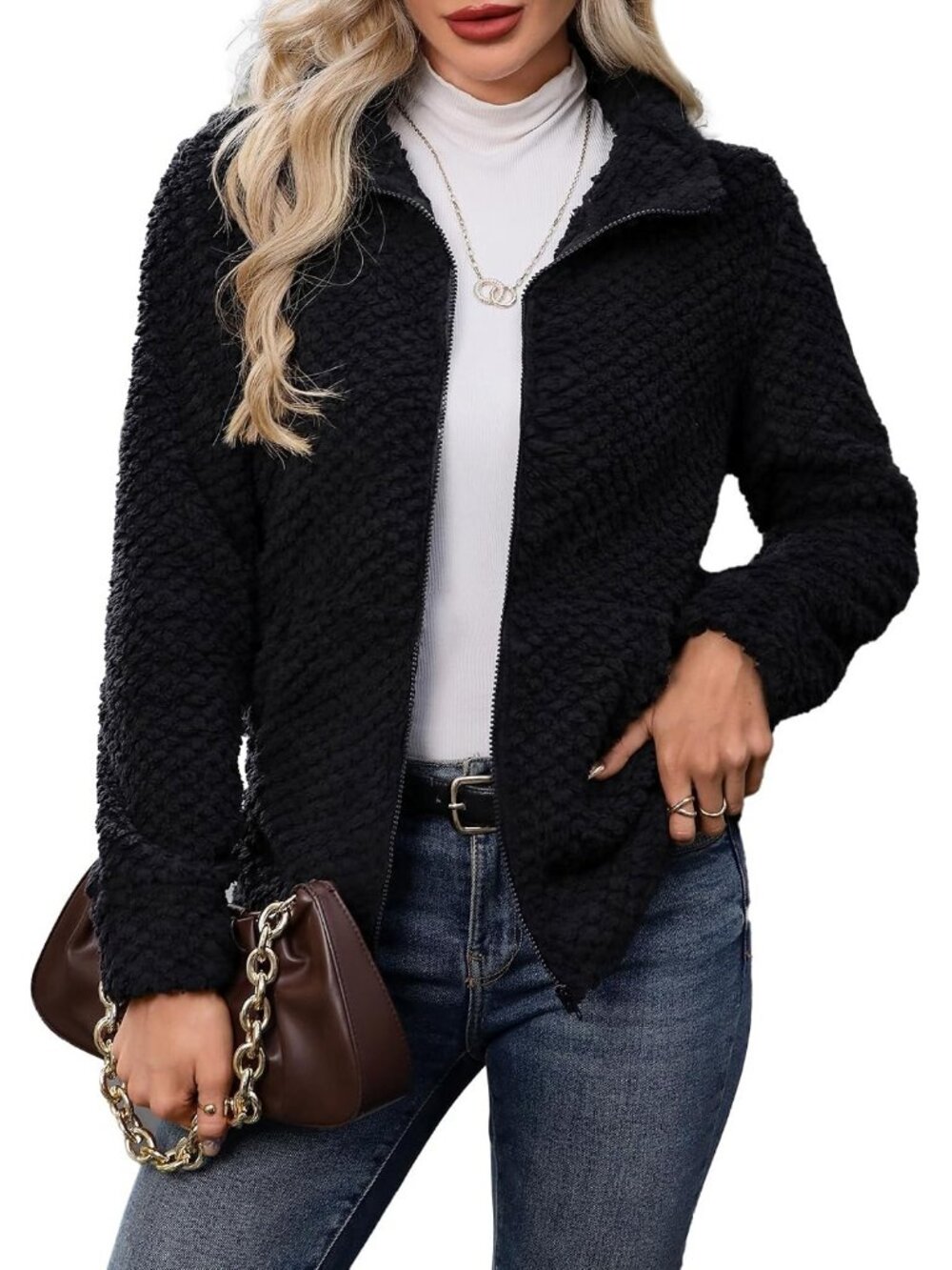 Women's Black Full Zip Stand Collar Fleece Sherpa Pockets long sleeve Jacket